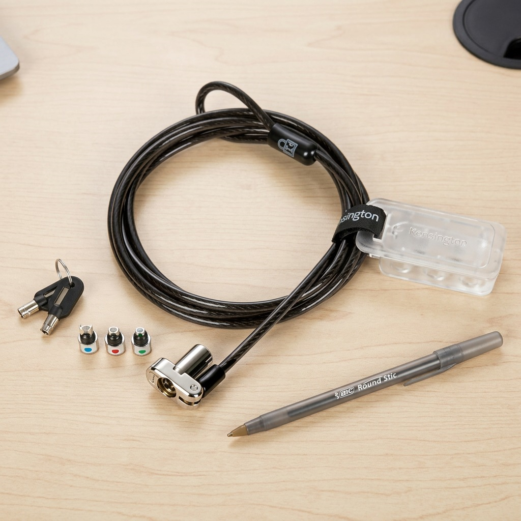 Kensington 3-in-1 Keyed Laptop Lock shown on a desk next to a pen for size reference.