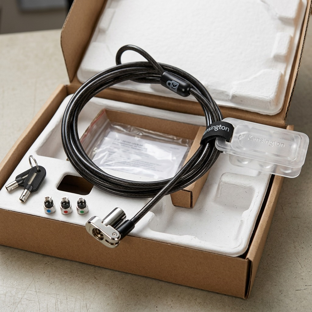 Unboxed Kensington 3-in-1 Keyed Laptop Lock with universal tips and keys in protective packaging.