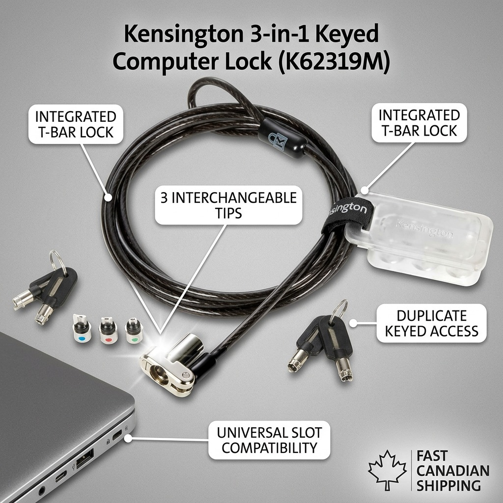 Kensington 3-in-1 Keyed Lock with interchangeable tips for T-Bar, Nano, and Wedge laptop slots.
