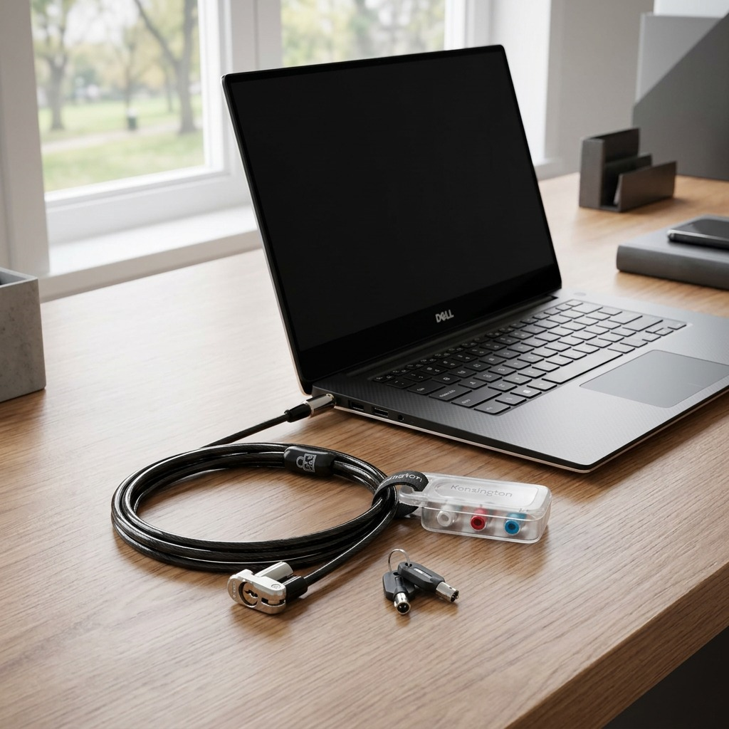 Kensington 3-in-1 Master Keyed Laptop Lock secured to a Dell laptop in a modern office setting.