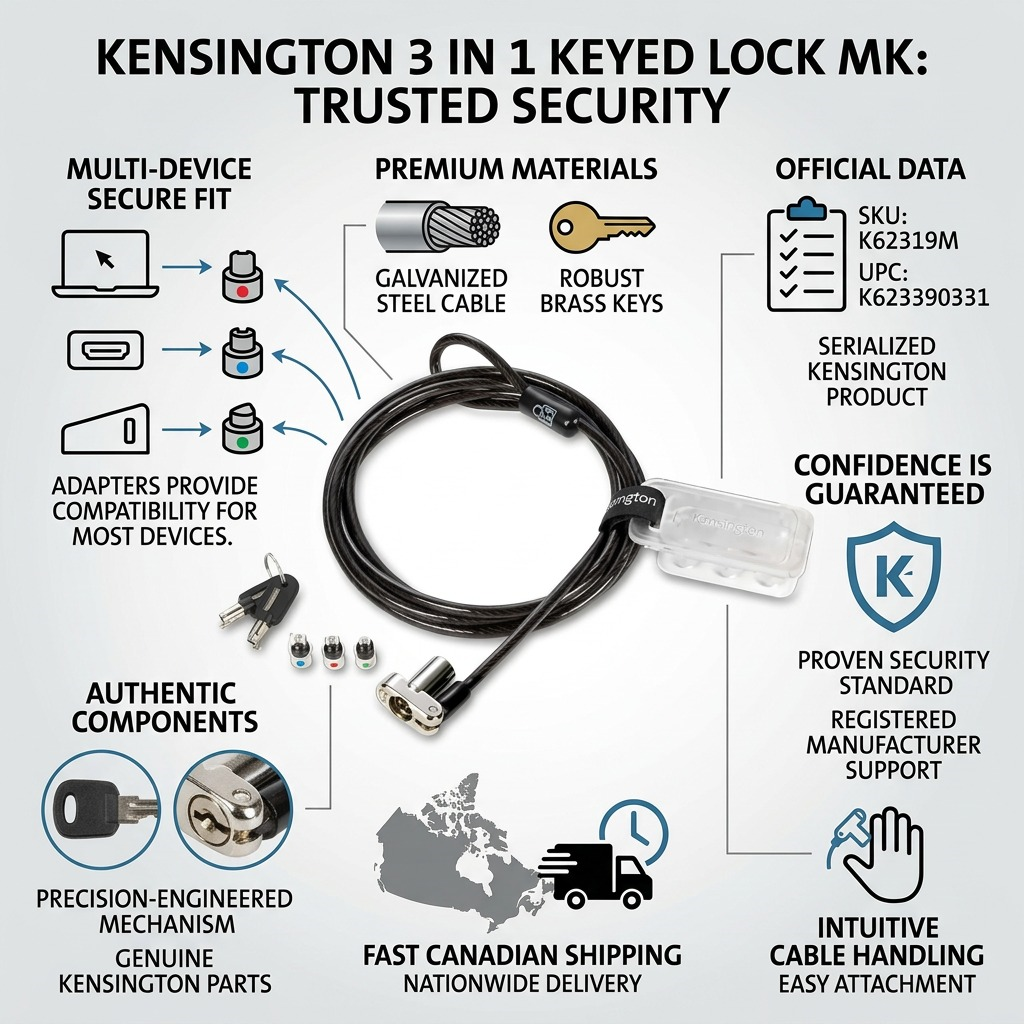 Kensington 3-in-1 Keyed Lock infographic showing universal laptop compatibility and steel cable.