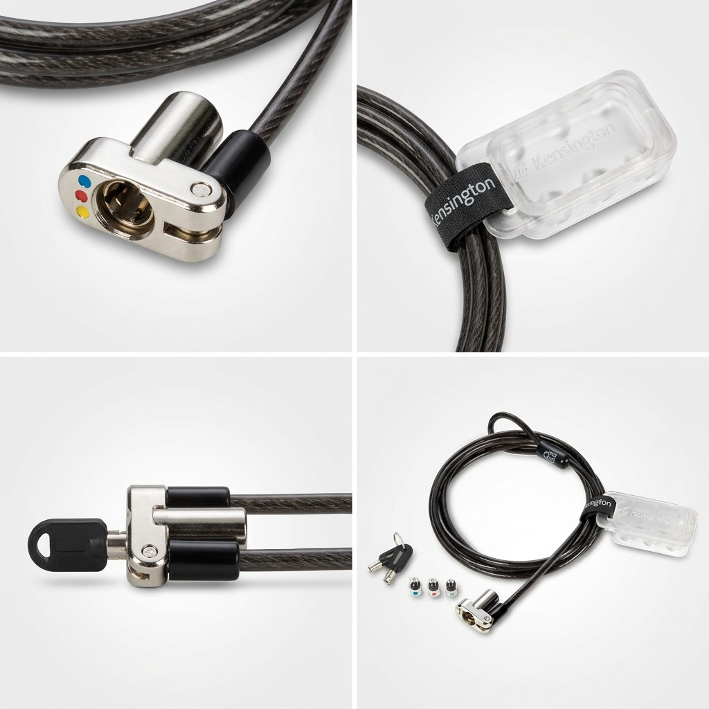 Four-panel grid showing the Kensington 3-in-1 Keyed Laptop Lock mechanism, cable, and master keys.
