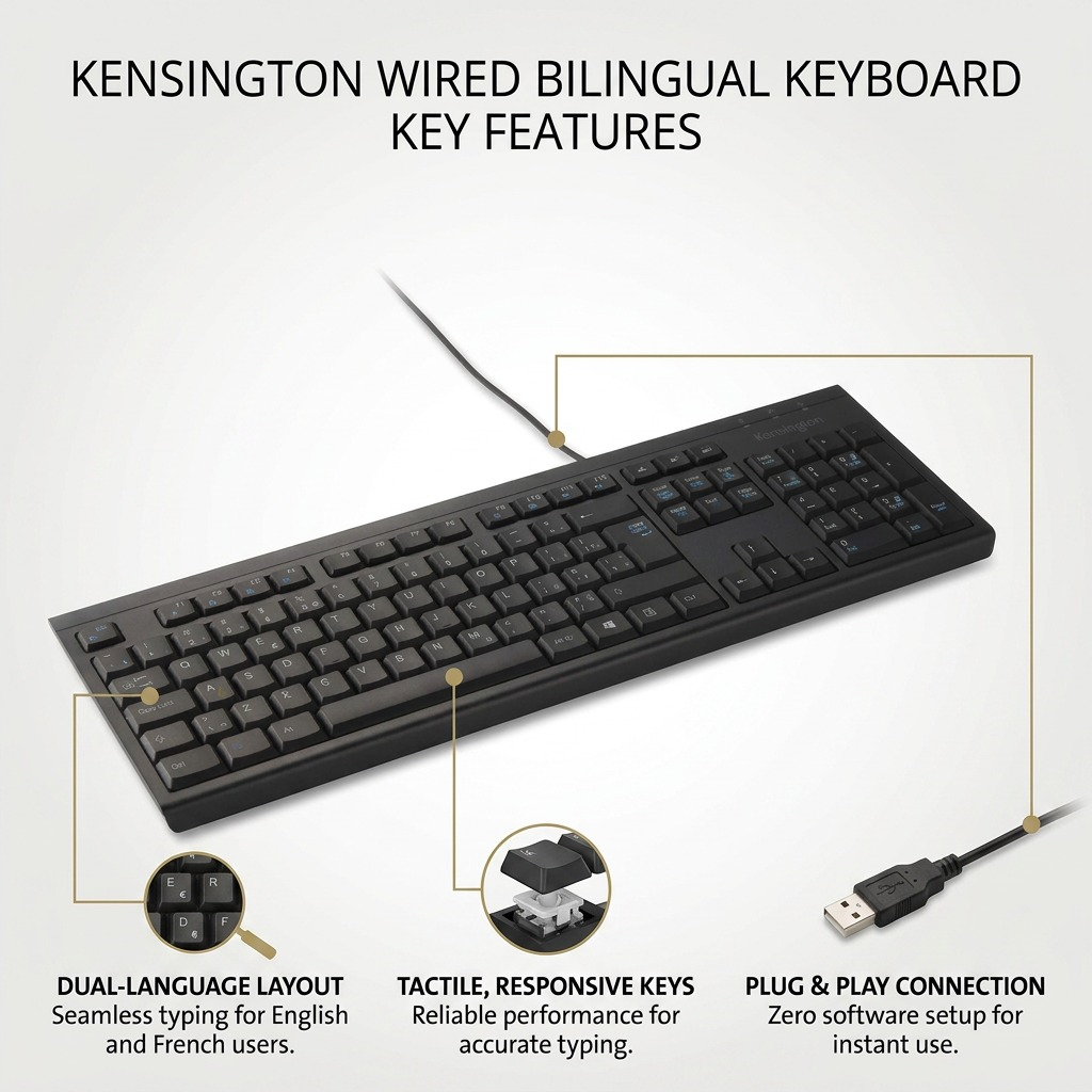 Kensington Wired Bilingual Keyboard features showing dual-language keys, tactile switches, and USB.