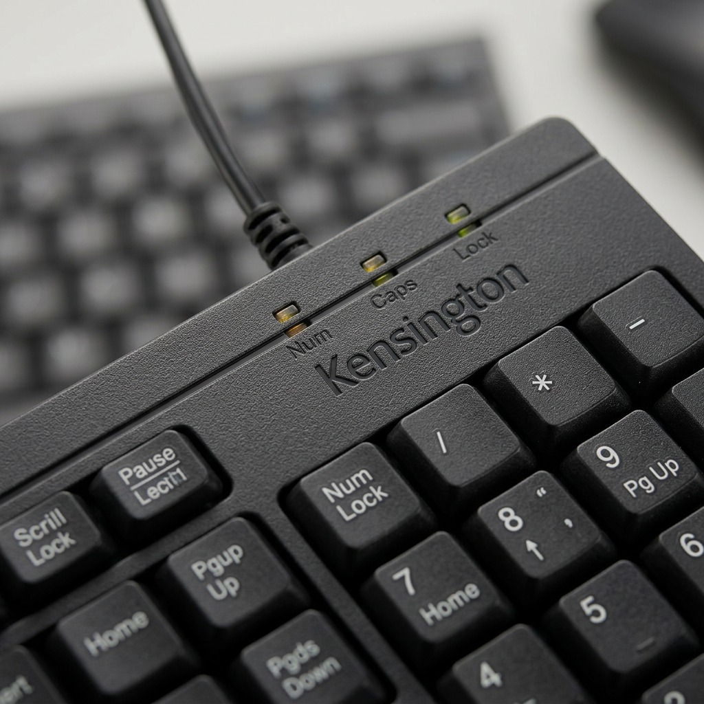 Macro detail of a Kensington bilingual keyboard showing LED indicators and textured black keys.