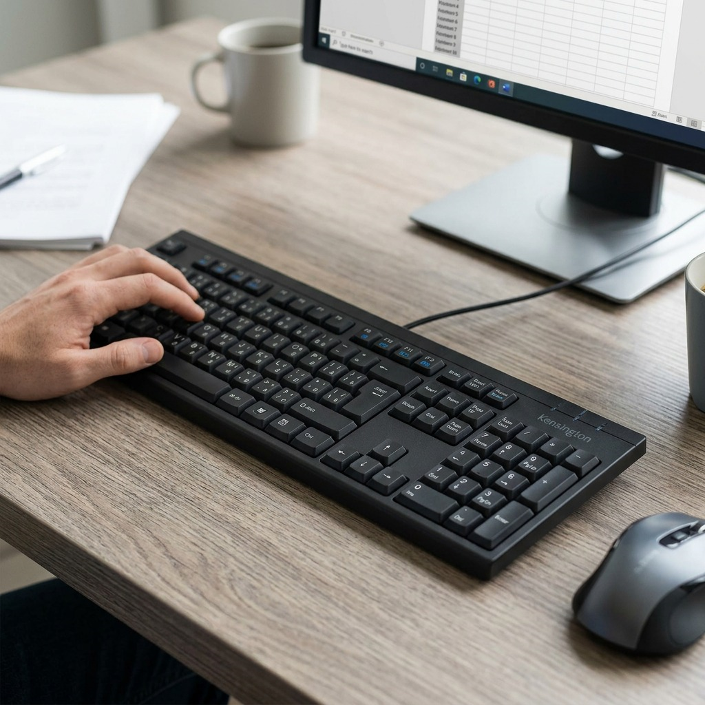 A person using the Kensington Wired Bilingual Keyboard in a modern home office setting.