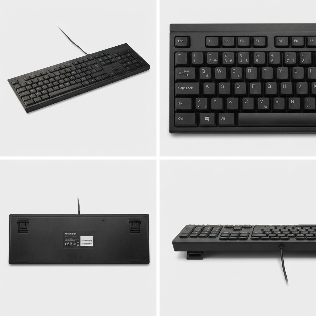 Matrix of four views of the black Kensington wired bilingual keyboard showing angles and layout.