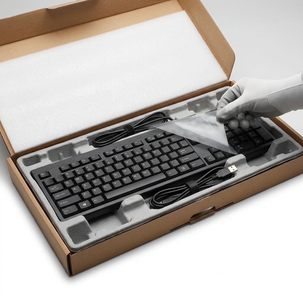 Unboxing the Kensington Wired Bilingual Keyboard showing secure shipping foam in a brown cardboard box.