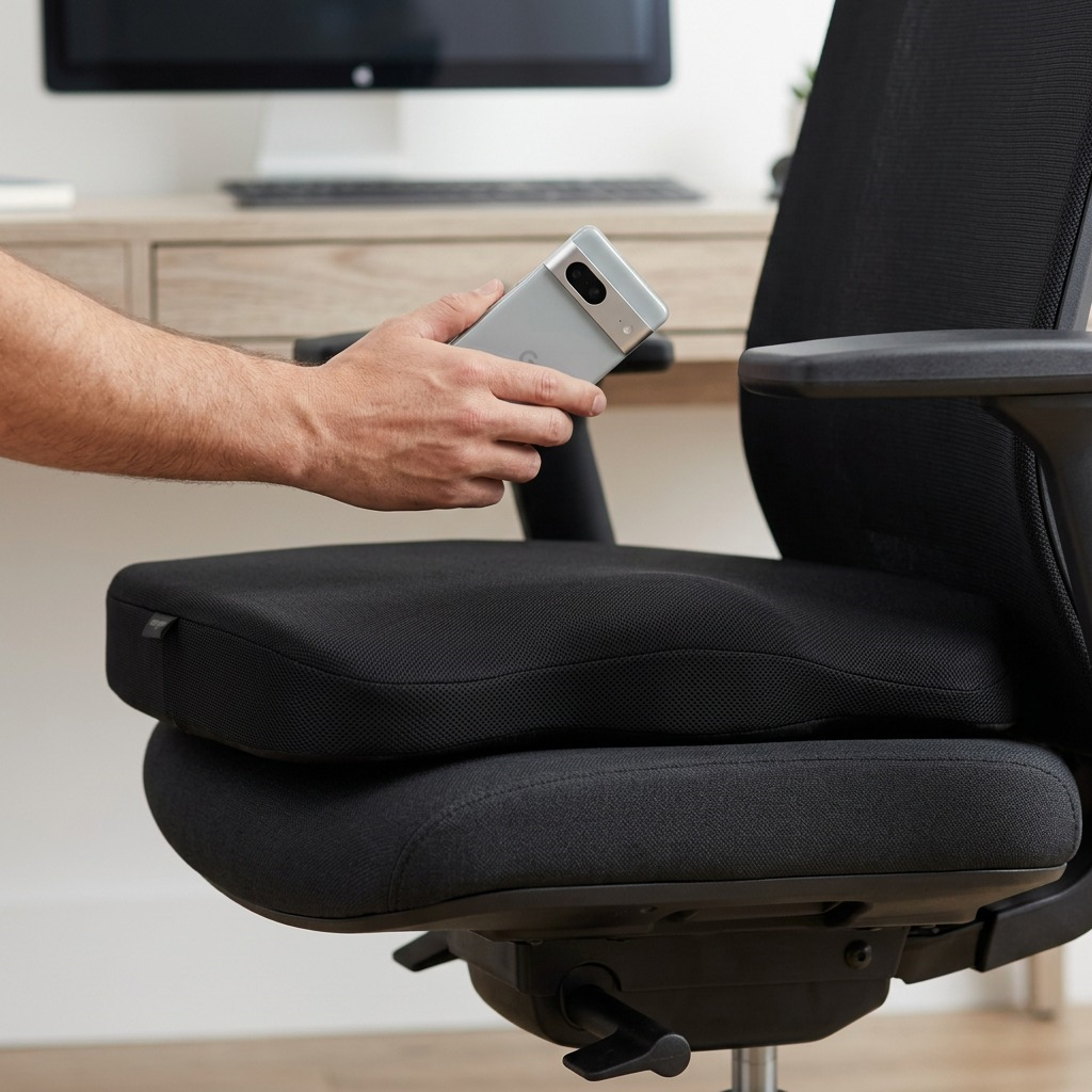 Kensington Ergonomic Memory Foam Seat Cushion on an office chair next to a smartphone for scale.