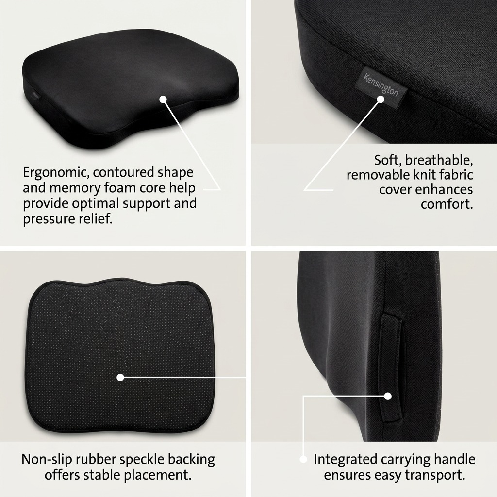 Kensington Ergonomic Memory Foam Seat Cushion features: contoured shape, breathable cover, non-slip backing, and handle.