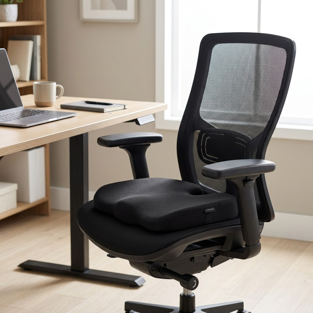 A Kensington Ergonomic Memory Foam Seat Cushion placed on a black mesh office chair at a desk.