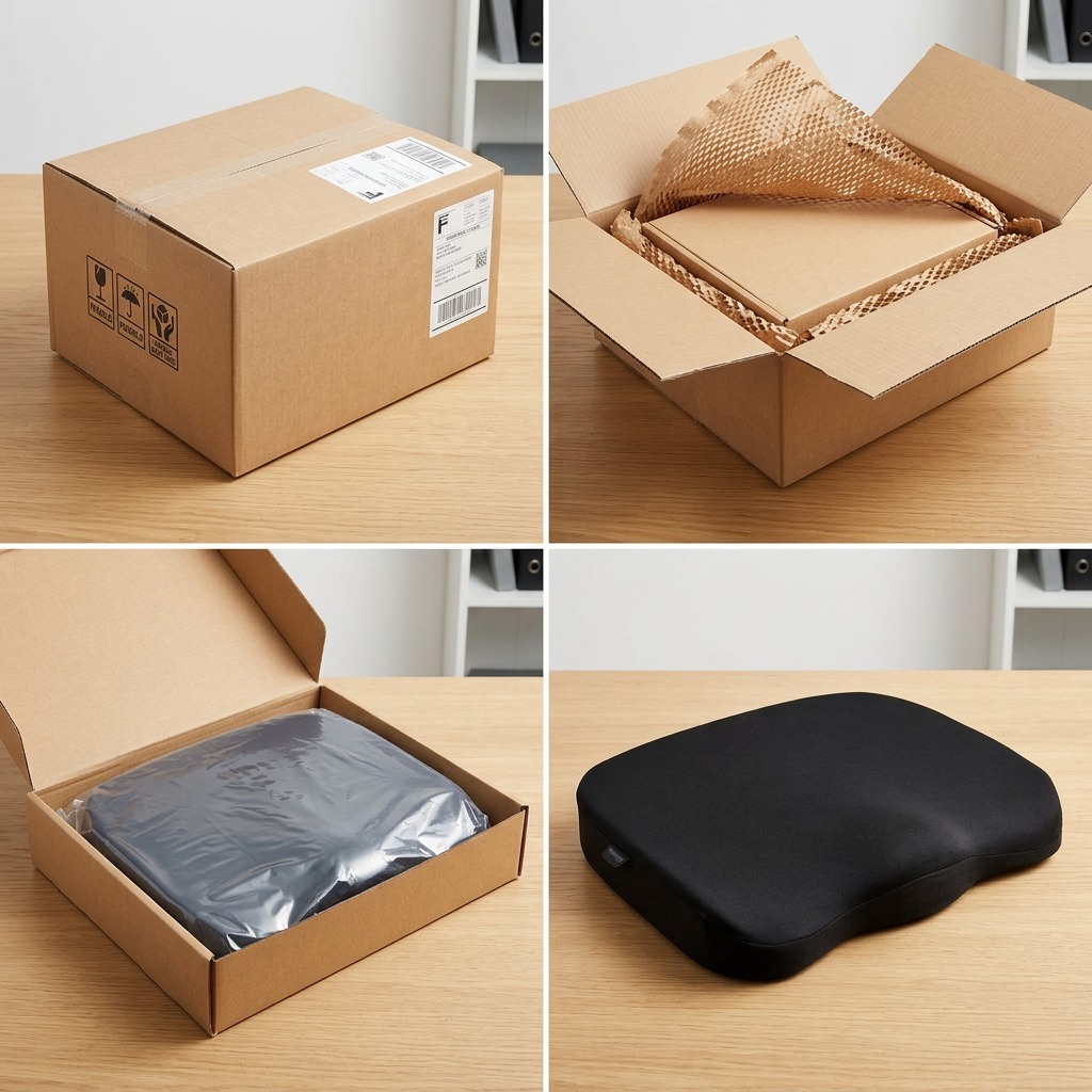 Unboxing of the Kensington Memory Foam Seat Cushion showing secure protective shipping packaging.