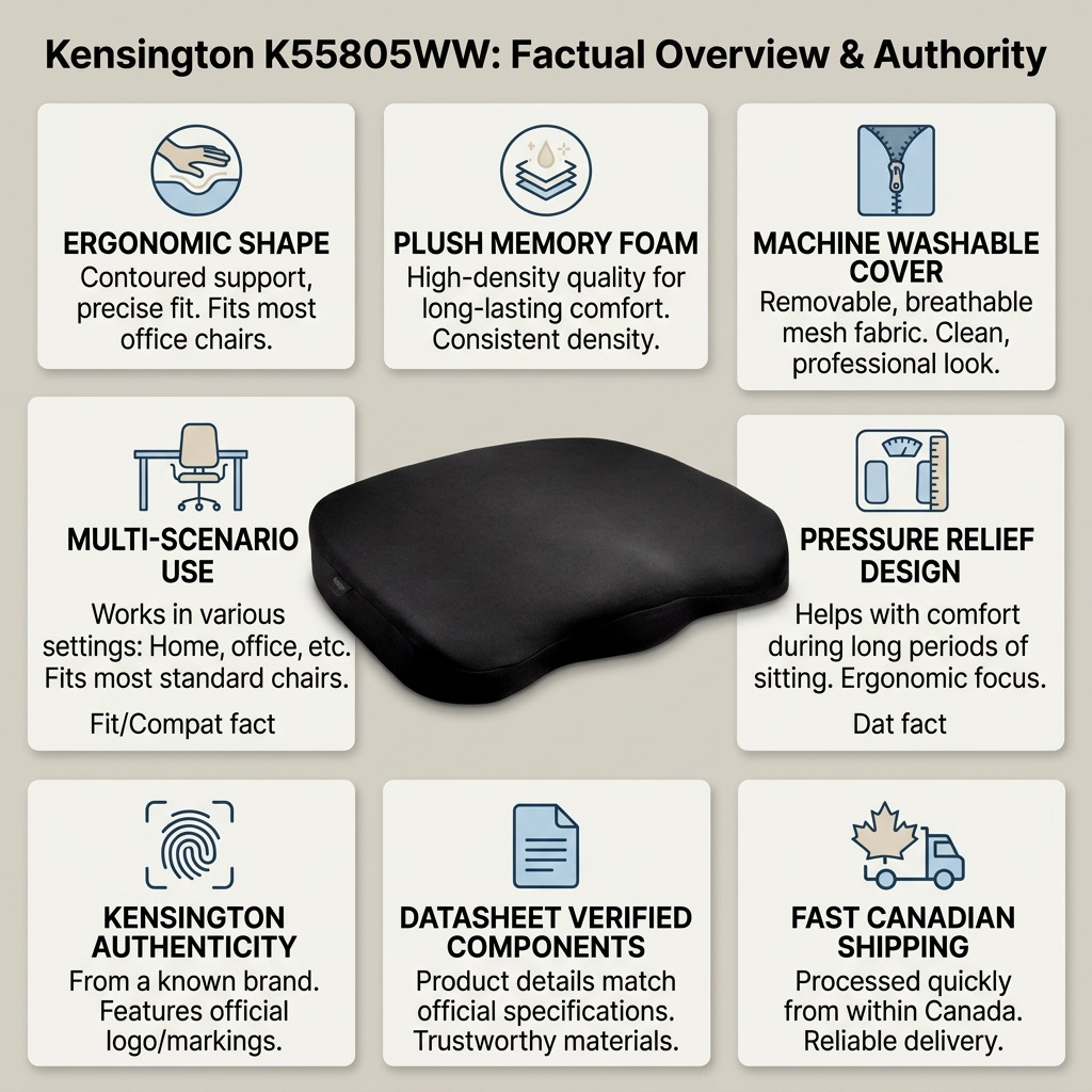 Infographic for Kensington K55805WW seat cushion highlighting memory foam, washable cover, and Canadian shipping.