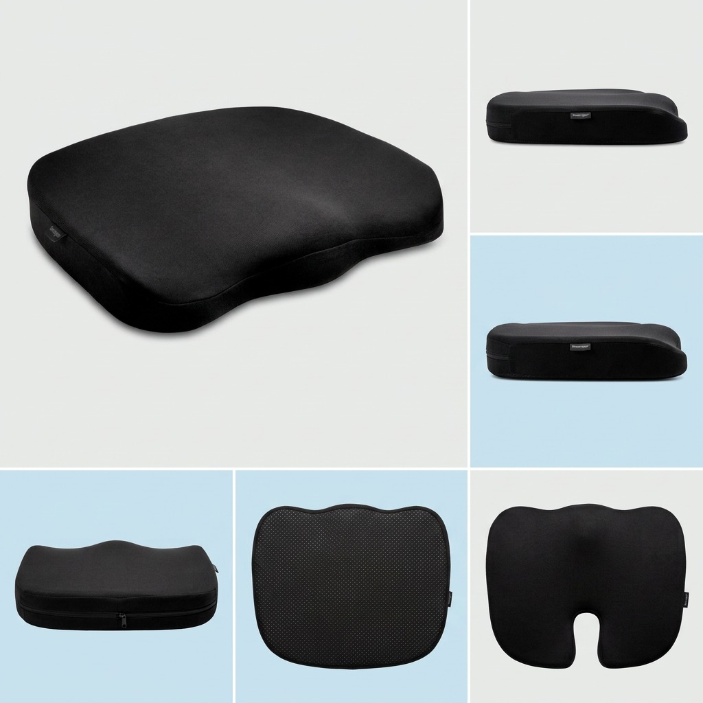 Multiple views of the black Kensington Ergonomic Memory Foam Seat Cushion showing top and bottom.