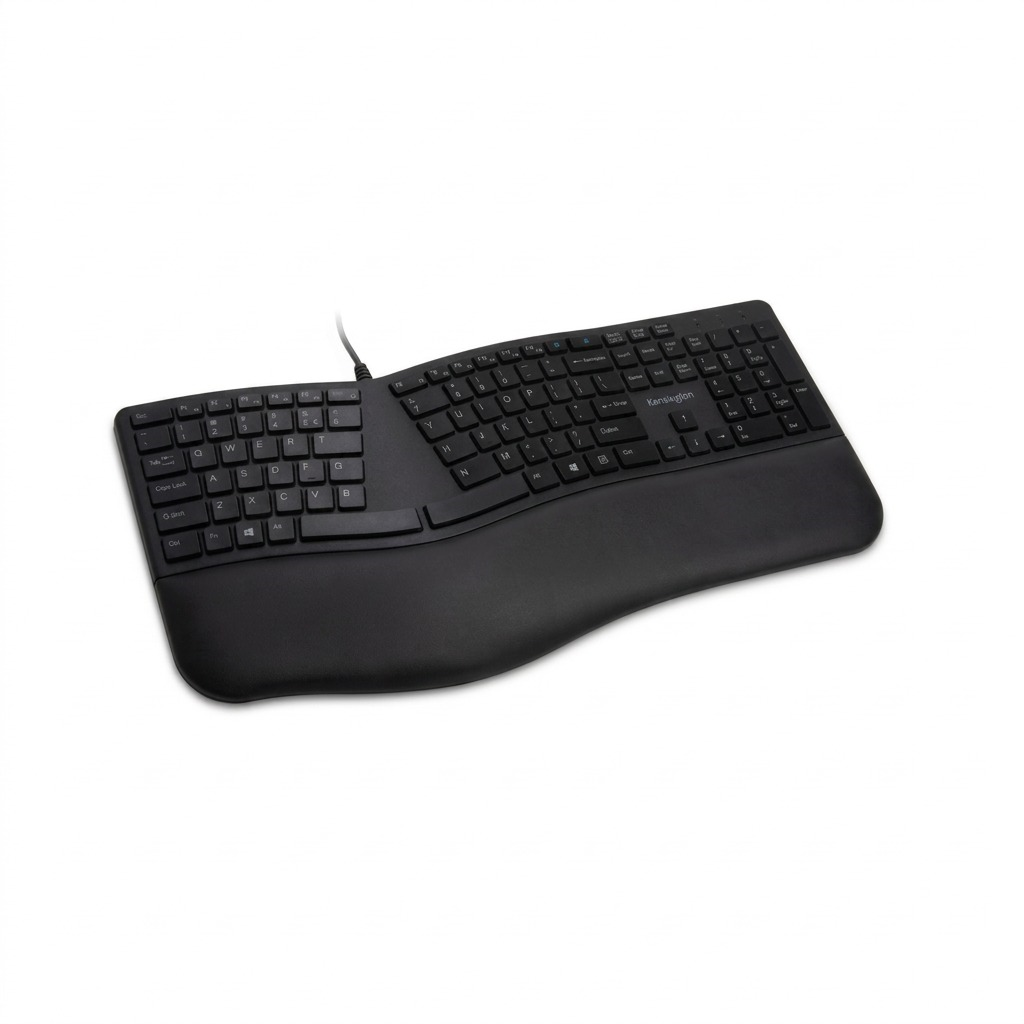 Kensington Pro Fit Ergo wired keyboard in black featuring a split design and padded wrist rest.