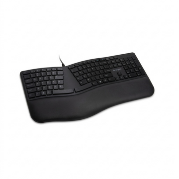 Kensington Pro Fit Ergo wired keyboard in black featuring a split design and padded wrist rest.