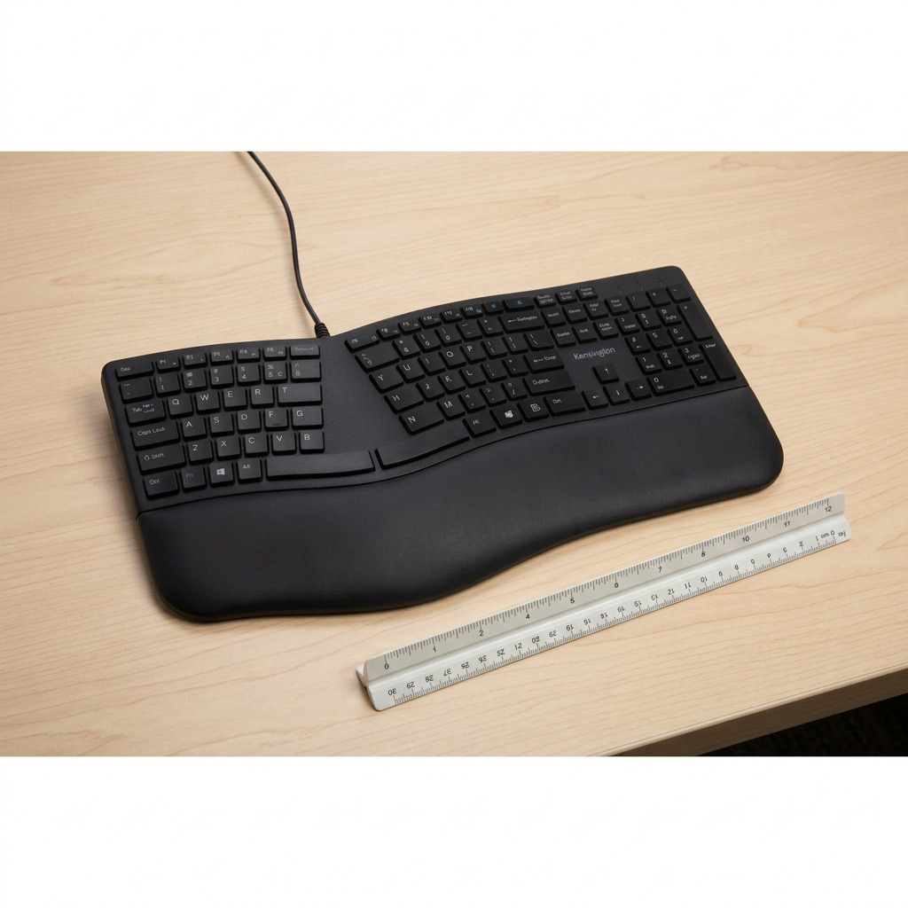Kensington Pro Fit Ergo Wired Keyboard shown in black on a desk next to a ruler for scale.