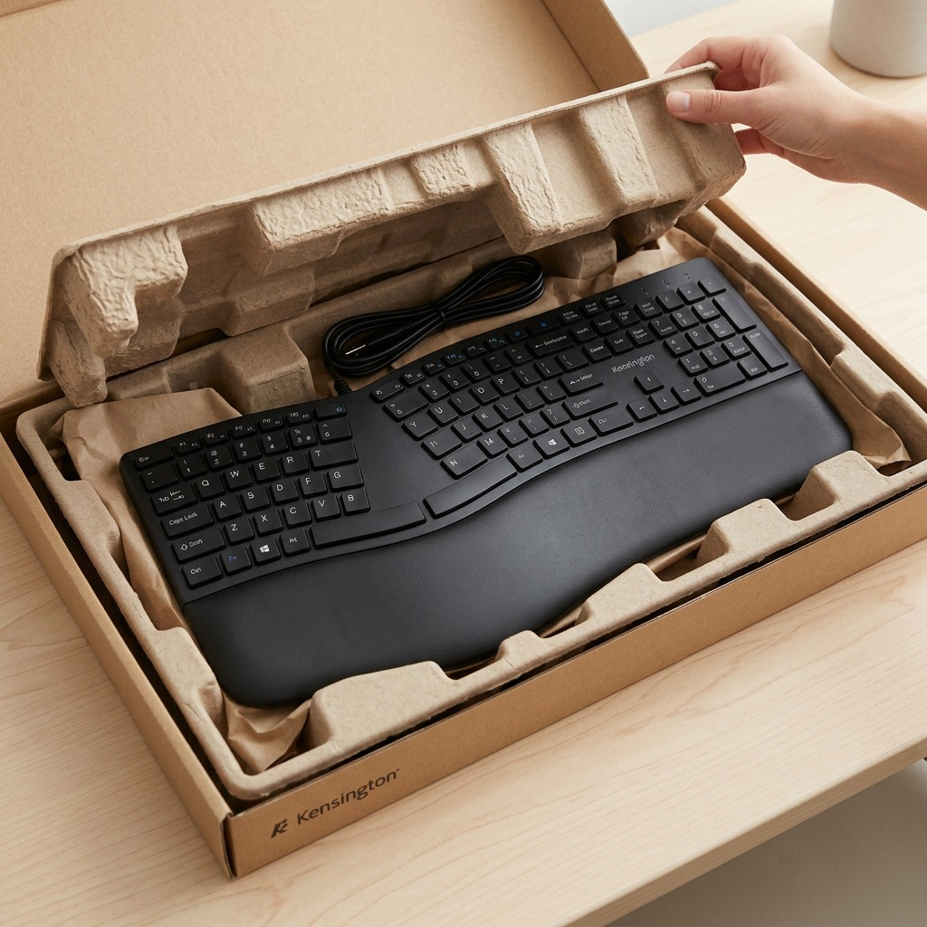 Kensington Pro Fit Ergo Wired Keyboard shown in protective, recyclable shipping packaging.