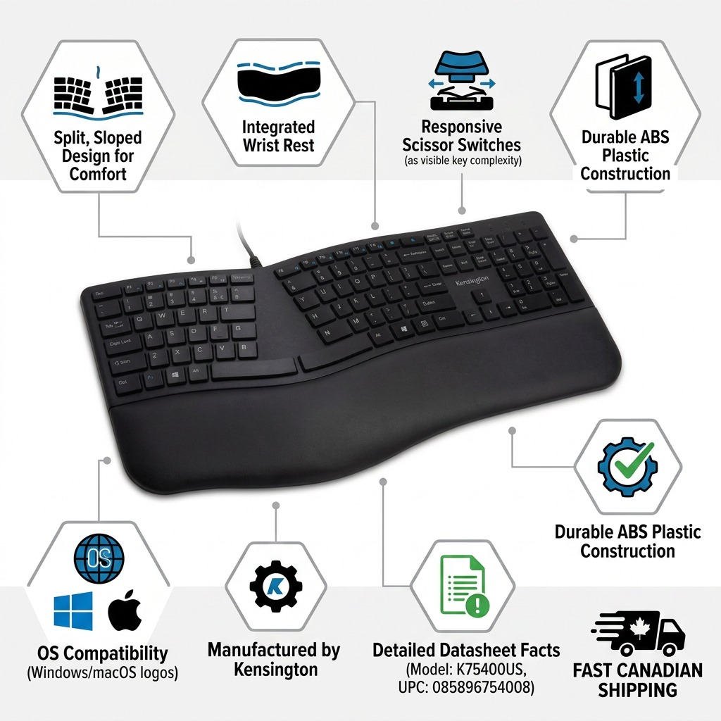 Kensington Pro Fit Ergo Wired Keyboard infographic showing split design, wrist rest, and ABS build.