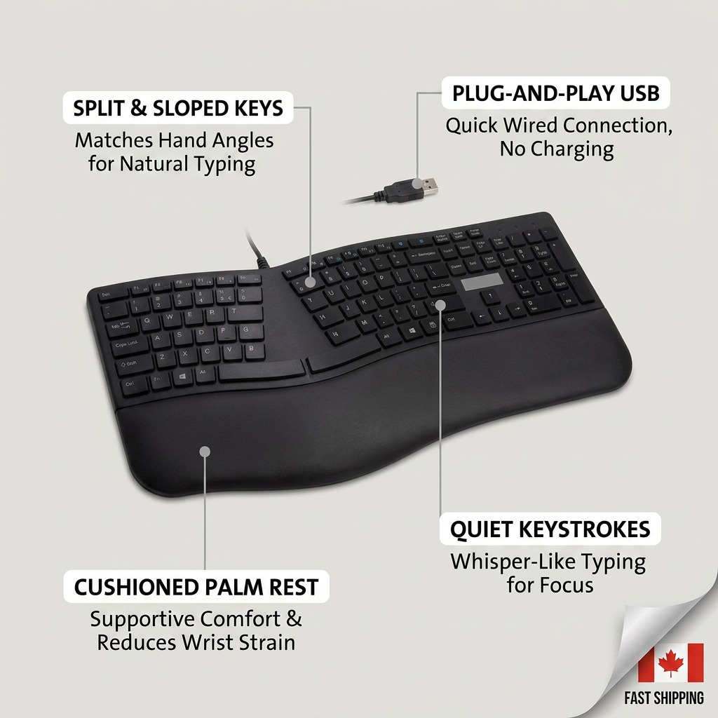 Kensington Pro Fit Ergo keyboard feature diagram highlighting split keys and cushioned palm rest.