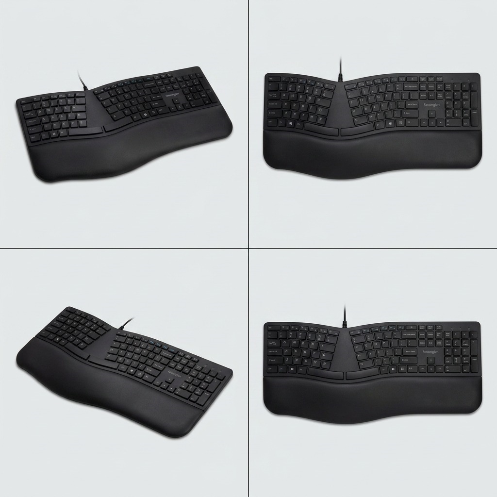 Four-panel view of the Kensington Pro Fit Ergo Wired Keyboard showing the split ergonomic design.