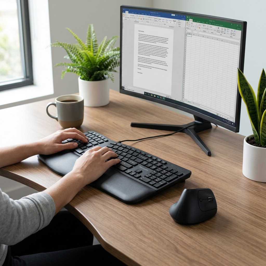 Person typing on a Kensington Pro Fit Ergo Wired Keyboard at a clean wood desk with a monitor.