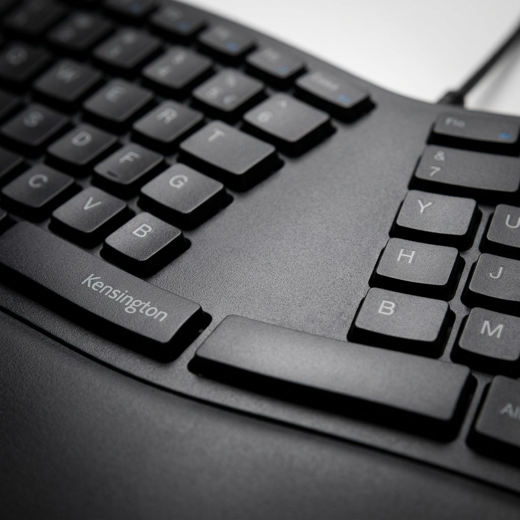 Macro detail of the Kensington Pro Fit Ergo keyboard showing its split keys and textured finish.