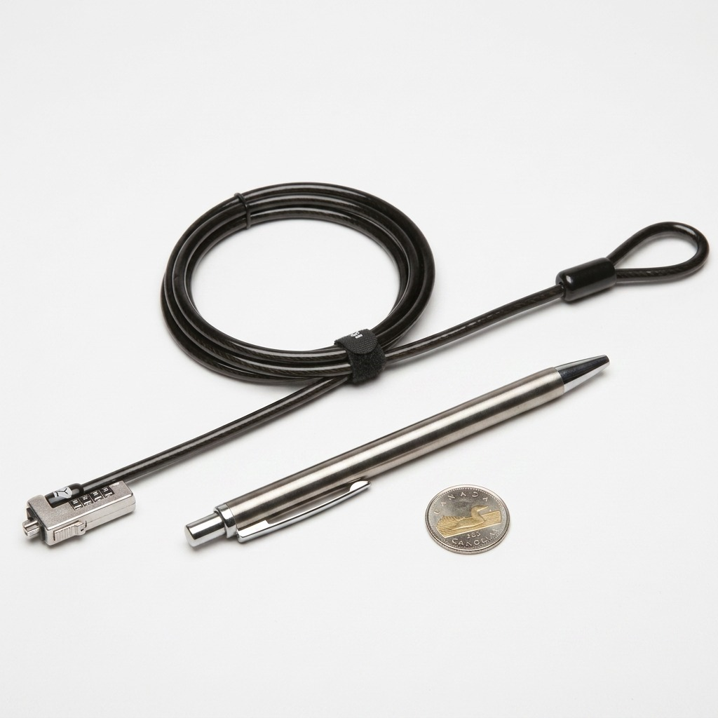 Kensington Slim NanoSaver Ultra Cable Lock shown next to a pen and a coin for size reference.
