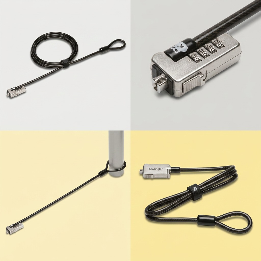 Four-panel grid showing the Kensington Slim NanoSaver Combination Ultra Cable Lock from multiple angles.
