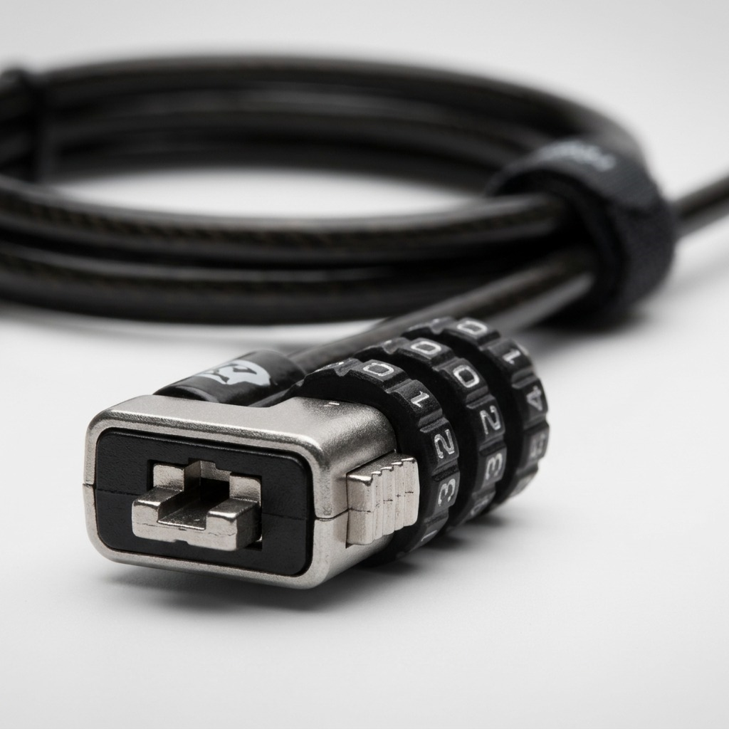 Macro detail of the Kensington NanoSaver Combination Ultra Lock head and carbon steel cable.