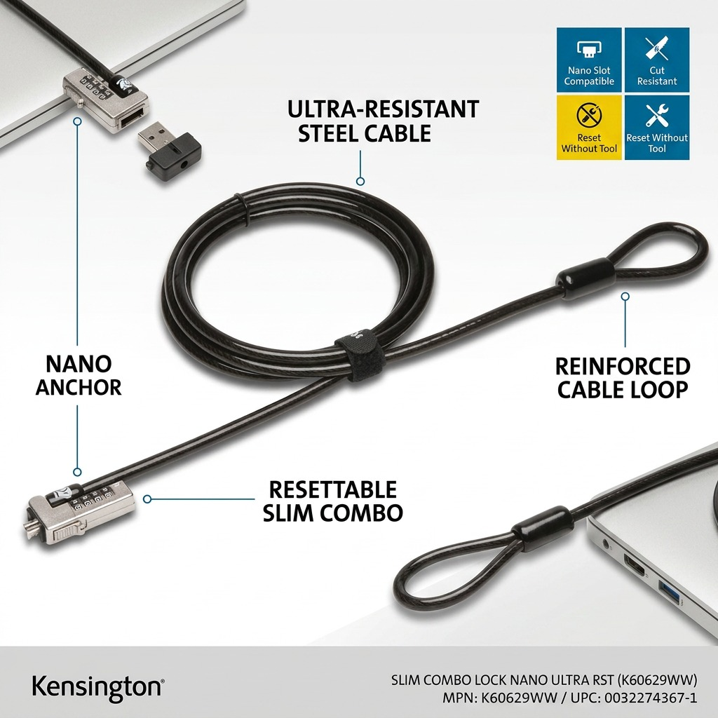 Kensington Slim NanoSaver Ultra Cable Lock features with reinforced loop and resettable combination.