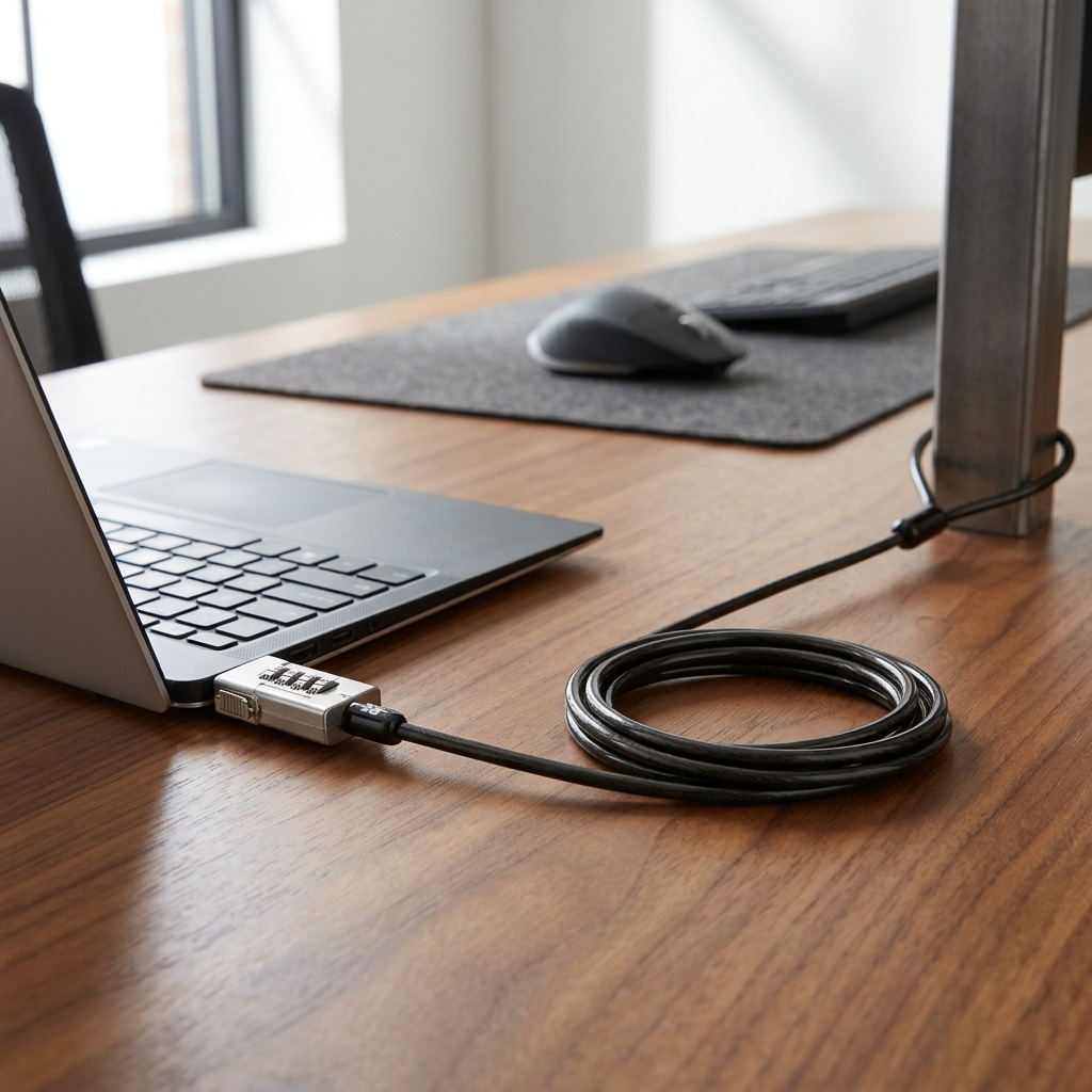 Kensington Slim laptop combination cable lock secured to a thin laptop on a modern office desk.