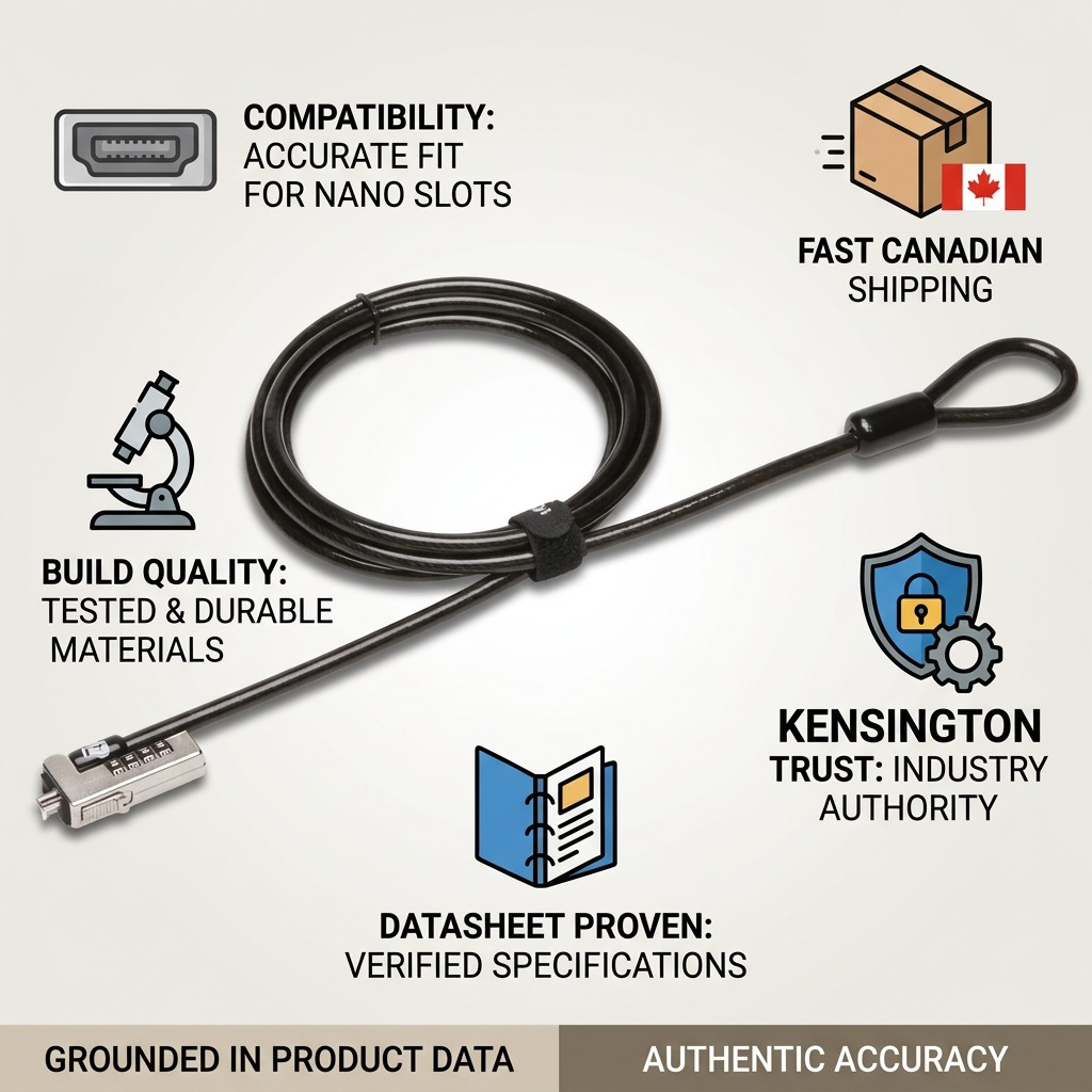 Kensington Slim NanoSaver Ultra Cable Lock features with icons for nano slot compatibility, Canadian shipping, and tested materials.