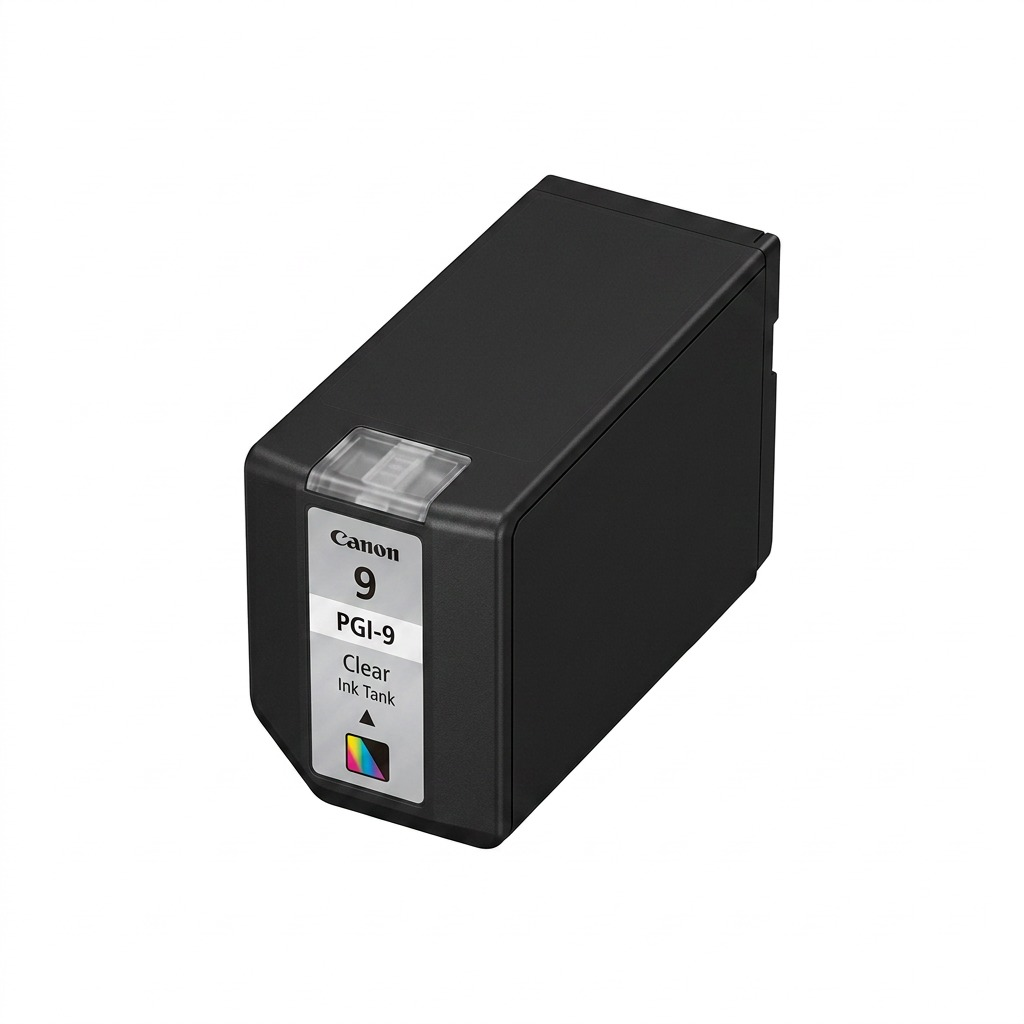 Cartouche d’encre transparente Canon PGI-9 Clear sur fond blanc.