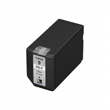Cartouche d’encre transparente Canon PGI-9 Clear sur fond blanc.
