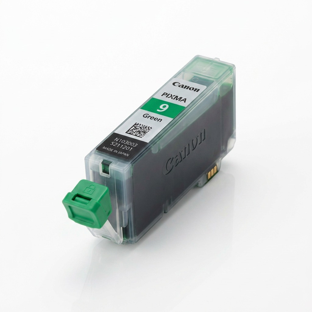 Réservoir d’encre verte Canon PGI-9G sur fond blanc, avec capuchon vert.
