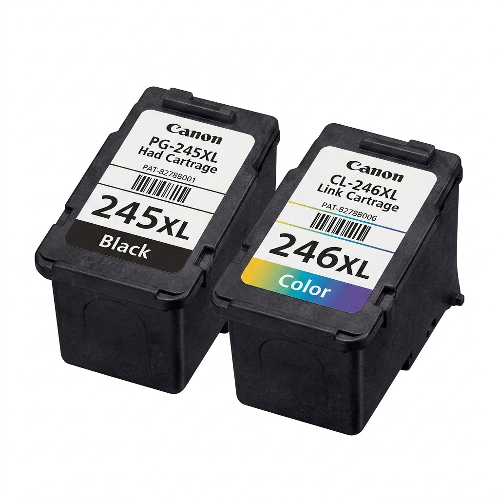 Ensemble Canon de deux cartouches d’encre PG-245XL noire et CL-246XL couleur sur fond blanc.