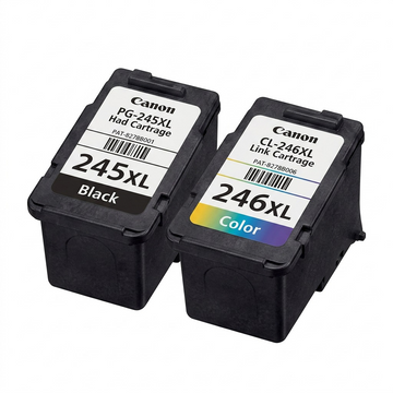 Ensemble Canon de deux cartouches d’encre PG-245XL noire et CL-246XL couleur sur fond blanc.