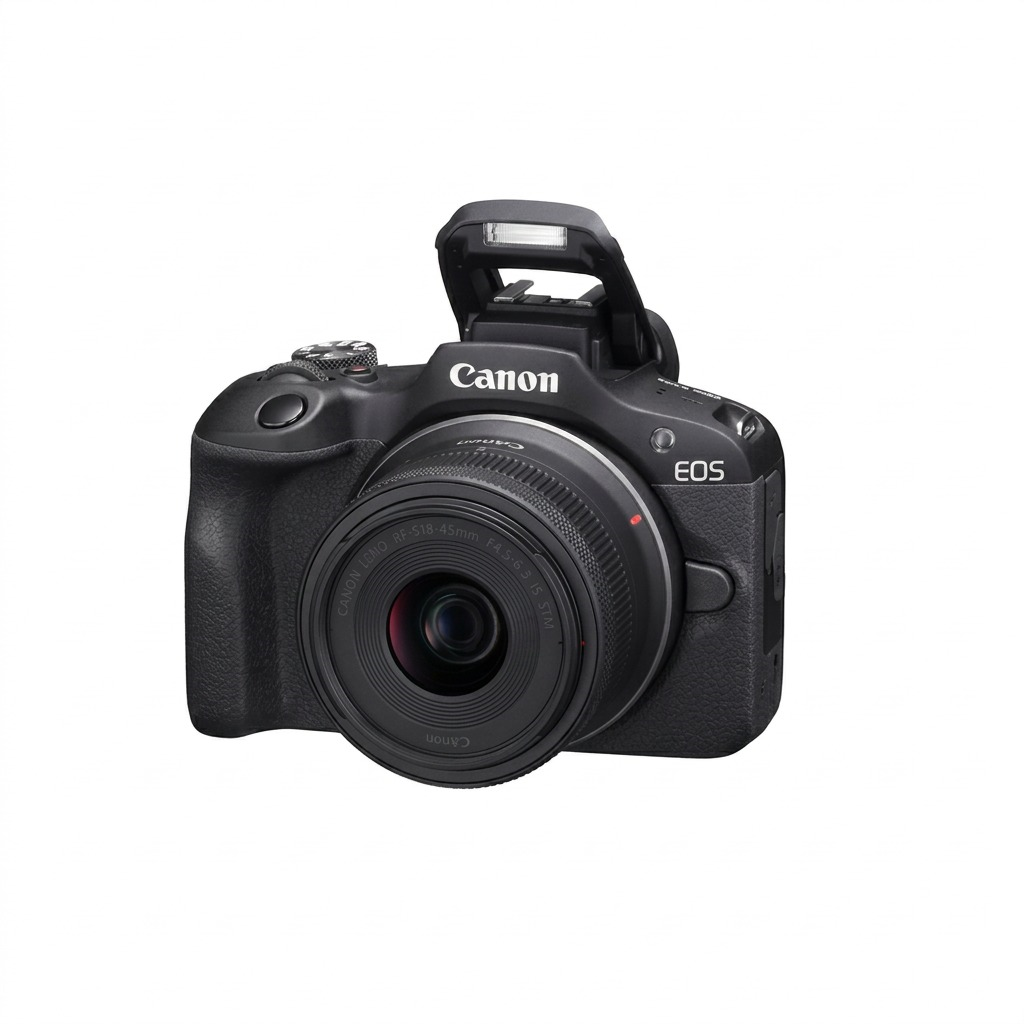 Hero shot of Canon EOS R100 camera with lens, on clean white background.