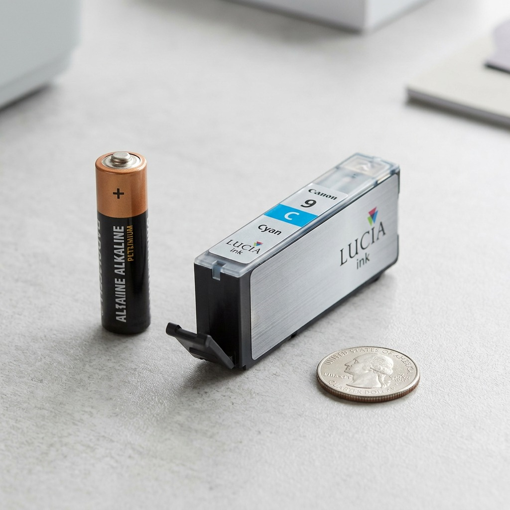 A high-resolution, centered view of the Canon LUCIA Cyan 9 Ink Tank showing branding, number 9, and chip.