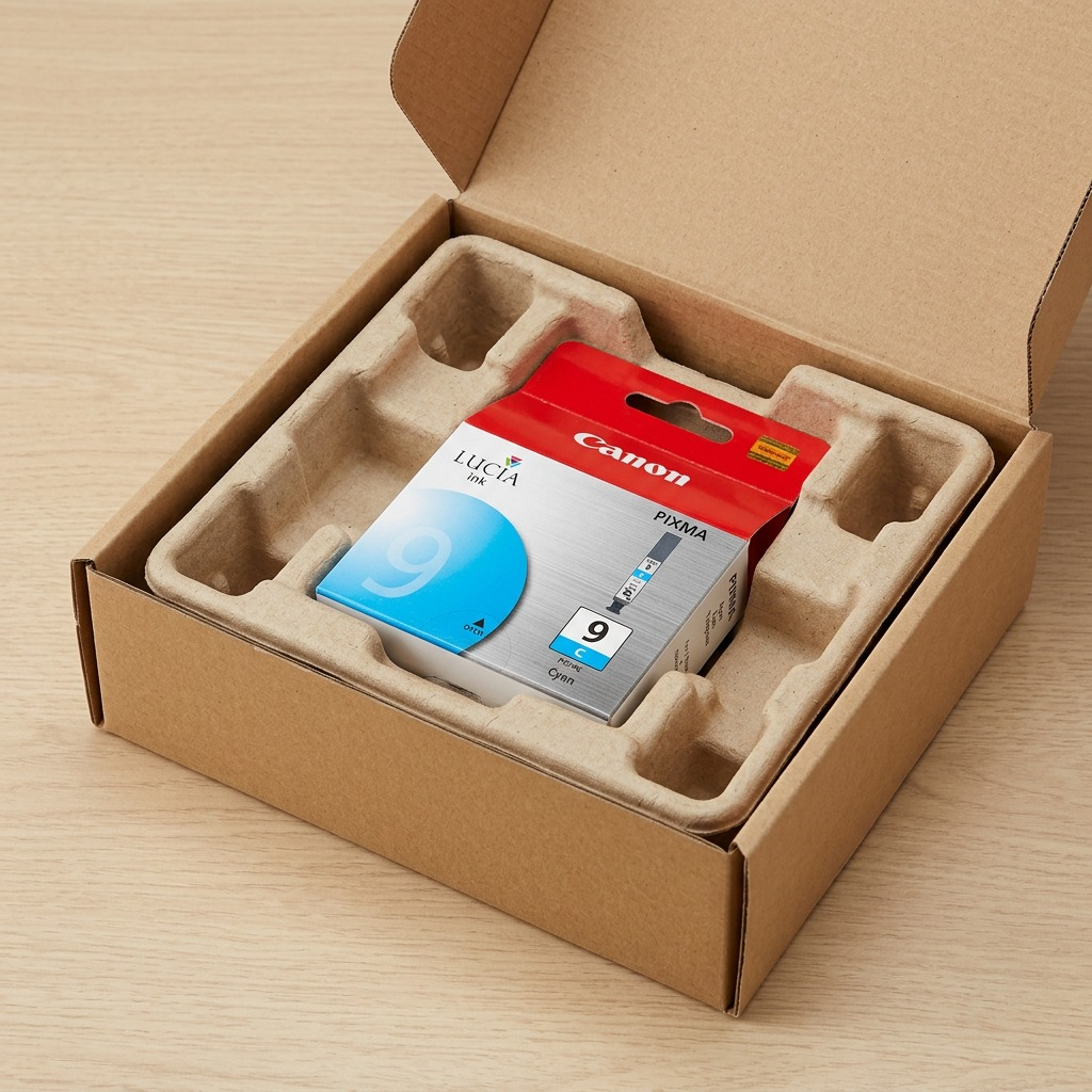 Boîte de cartouche cyan Canon PGI-9 avec protection en mousse sur une surface en bois.