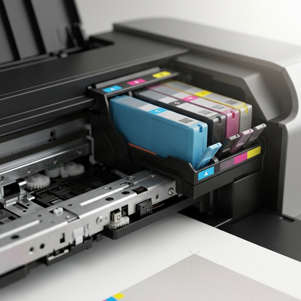 Cartouche cyan Canon PGI-9 installée dans une imprimante à côté des réservoirs magenta et jaune.