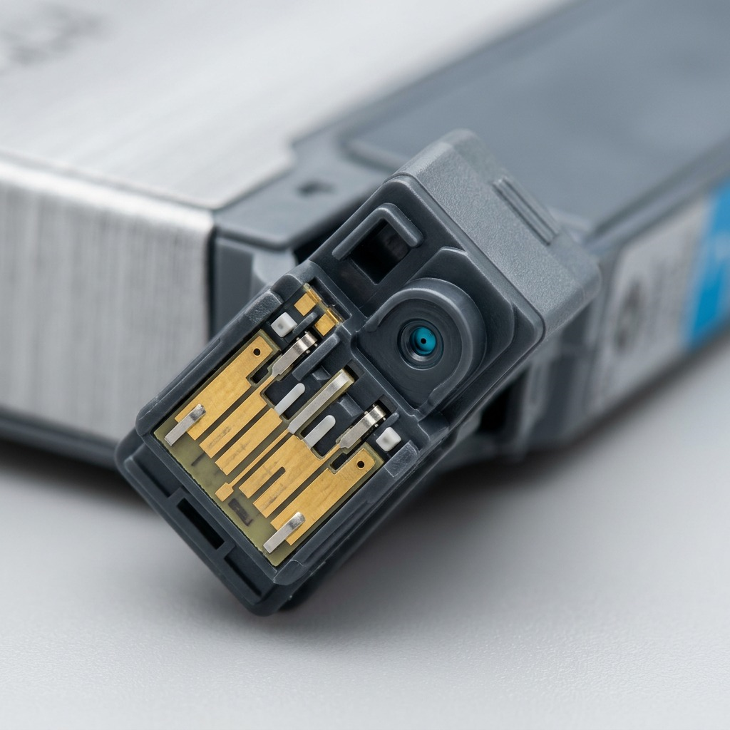 Gros plan sur les contacts dorés et l’orifice d’encre cyan de la cartouche Canon PGI-9C.