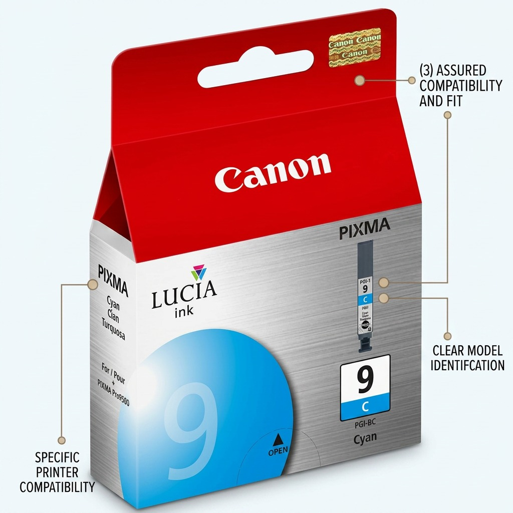 Infographie de la cartouche cyan Canon PGI-9 et de ses caractéristiques.