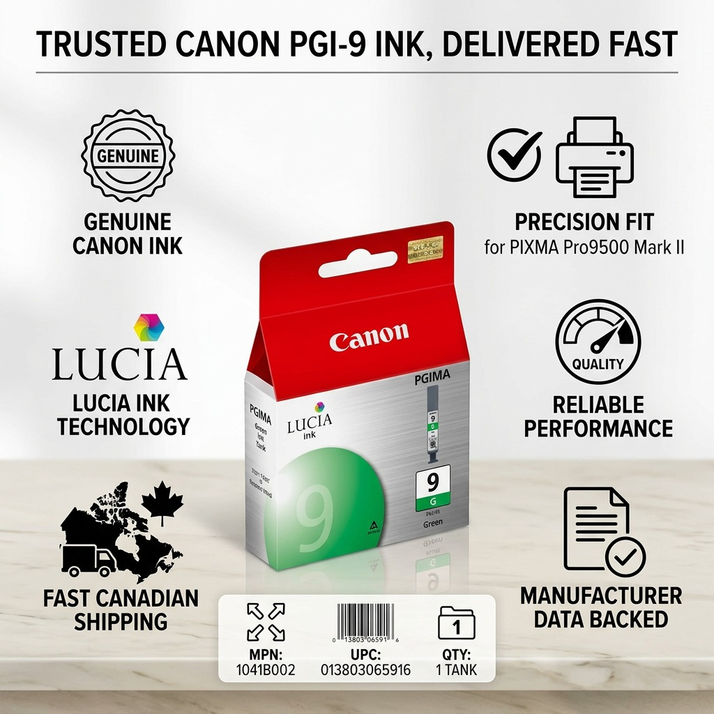 Infographie de la boîte de cartouche verte Canon PGI-9 avec pictogrammes descriptifs.