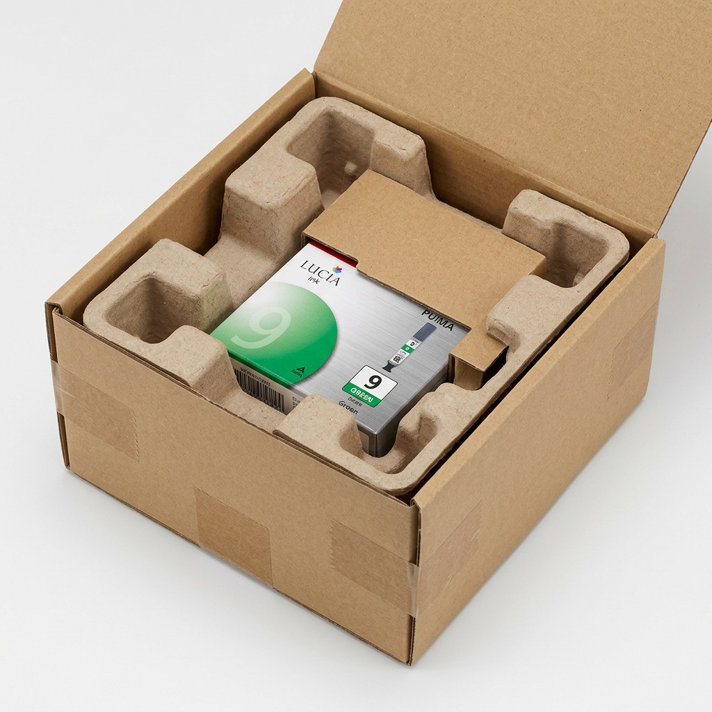 Réservoir d’encre verte Canon PGI-9G présenté dans un emballage protecteur en carton.