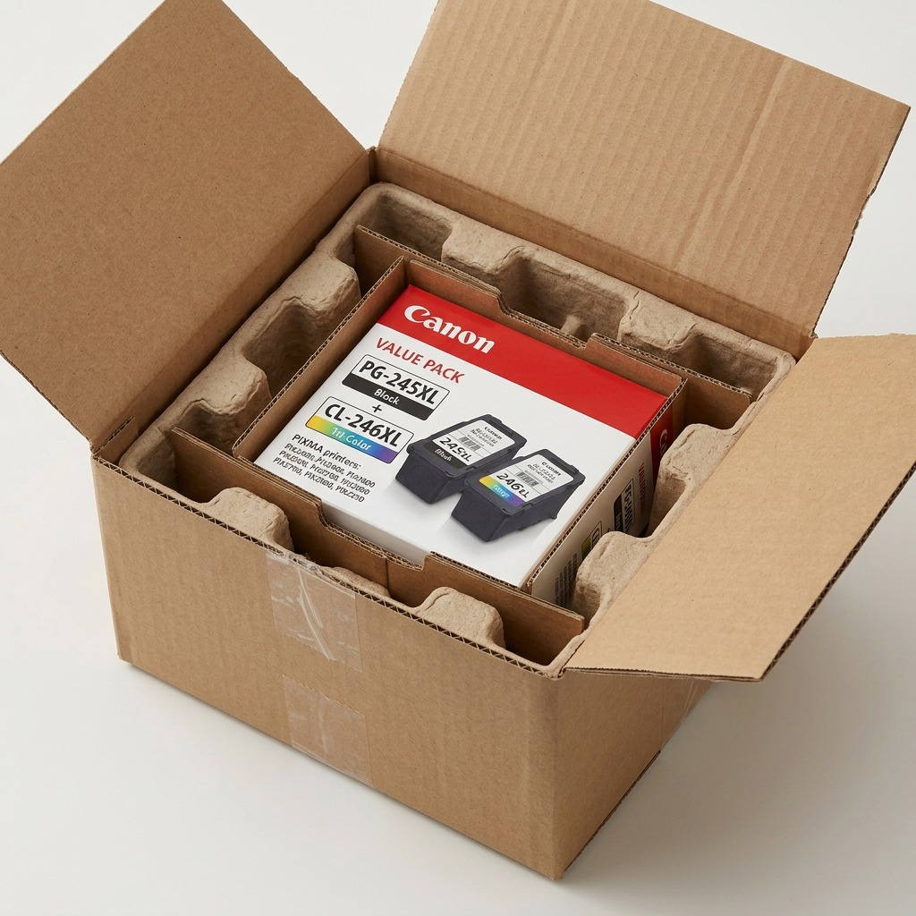 Ensemble de cartouches Canon PG-245XL et CL-246XL dans une boîte d’expédition protectrice.