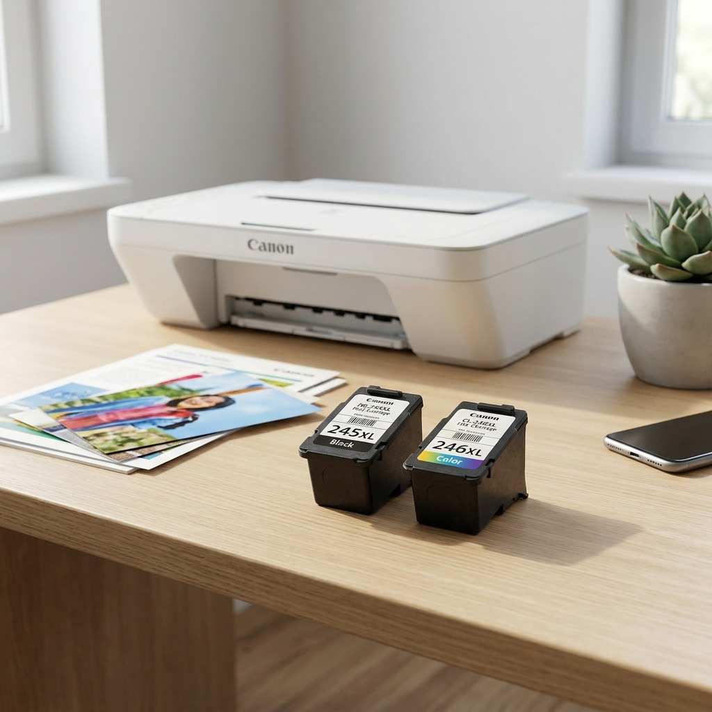 Ensemble de cartouches Canon PG-245XL et CL-246XL sur un bureau à côté d’une imprimante.