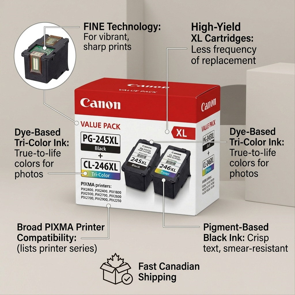 Infographie des cartouches Canon PG-245XL et CL-246XL présentant la technologie FINE et la compatibilité PIXMA.
