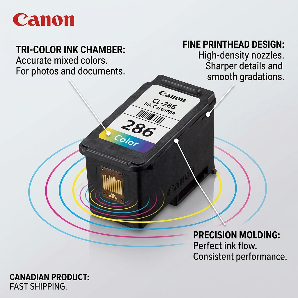 Infographie de la cartouche couleur Canon CL-286 mettant en évidence les caractéristiques de la tête d’impression.