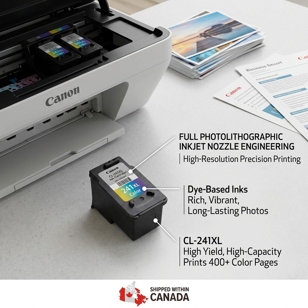 Infographie de la cartouche Canon CL-241XL présentant sa technologie d’impression et sa capacité XL.